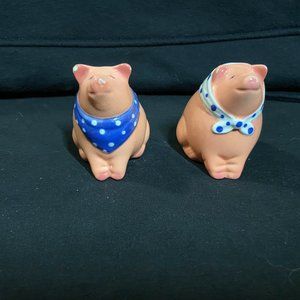 Vintage Clay Art Pig Salt and Pepper Shakers - Pink with White and Blue Bandanas